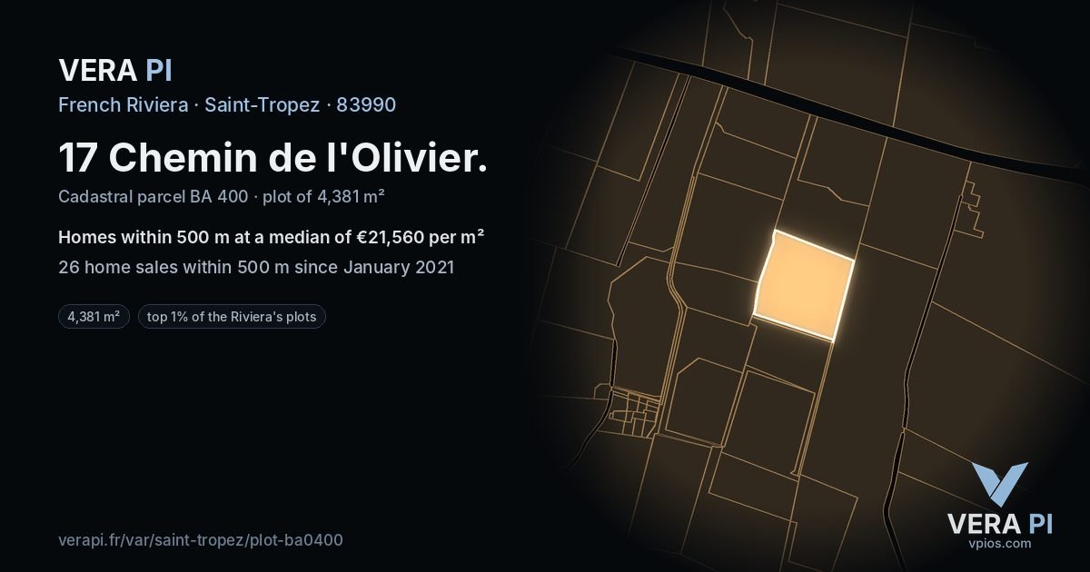 17 Chemin de l'Olivier, Saint-Tropez at night – the plot lit, the parcels around coloured by the prices near them