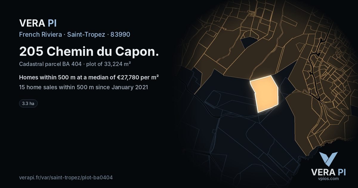 205 Chemin du Capon, Saint-Tropez at night – the plot lit, the parcels around coloured by the prices near them