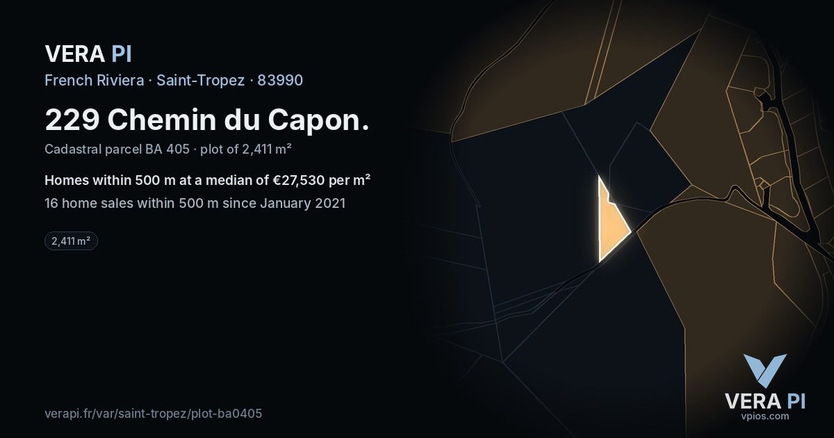 229 Chemin du Capon, Saint-Tropez at night – the plot lit, the parcels around coloured by the prices near them