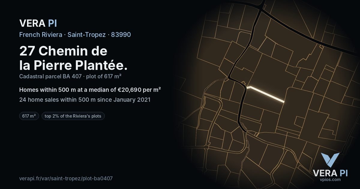 27 Chemin de la Pierre Plantée, Saint-Tropez at night – the plot lit, the parcels around coloured by the prices near them