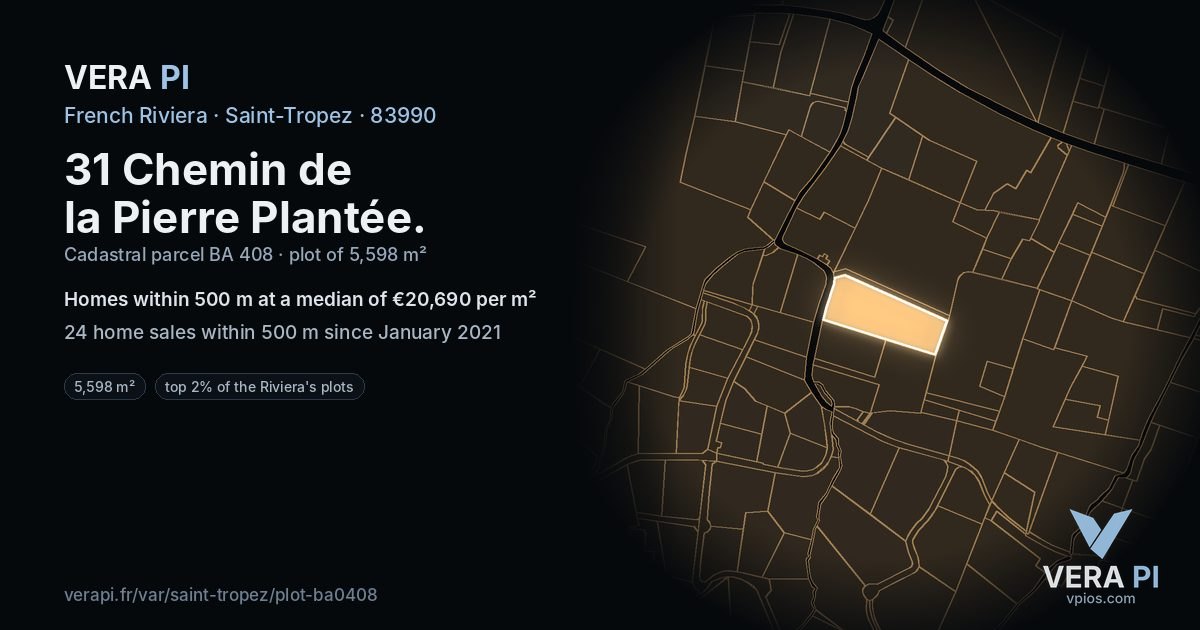 31 Chemin de la Pierre Plantée, Saint-Tropez at night – the plot lit, the parcels around coloured by the prices near them