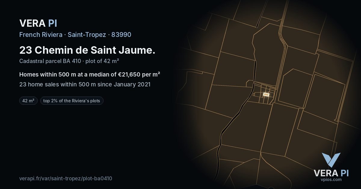 23 Chemin de Saint Jaume, Saint-Tropez at night – the plot lit, the parcels around coloured by the prices near them