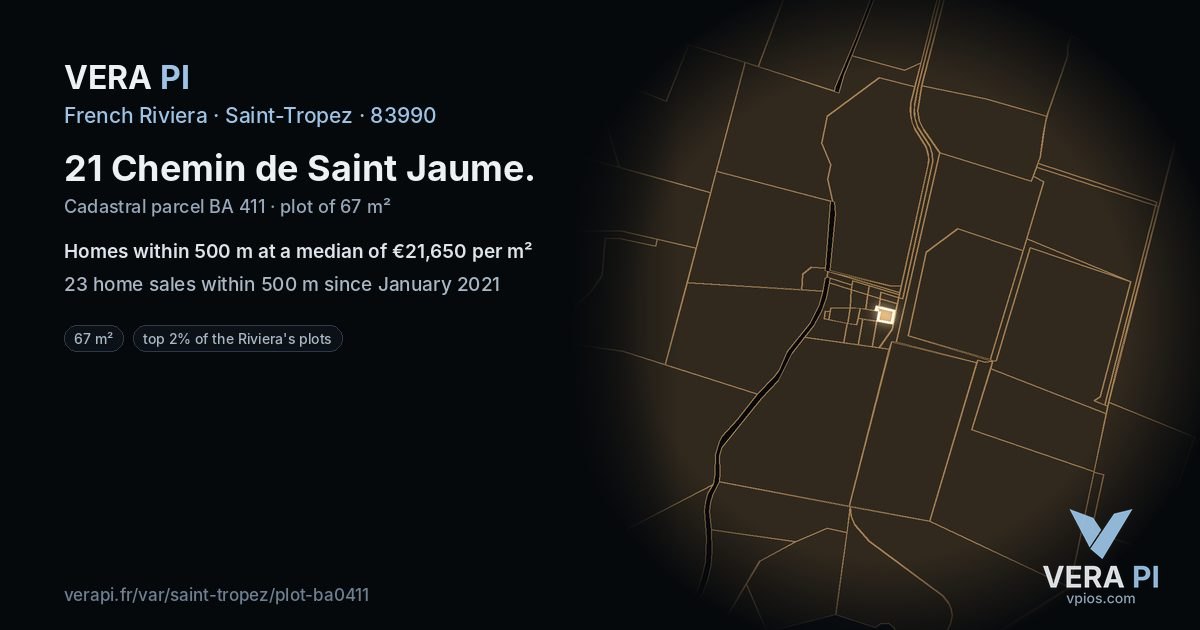 21 Chemin de Saint Jaume, Saint-Tropez at night – the plot lit, the parcels around coloured by the prices near them