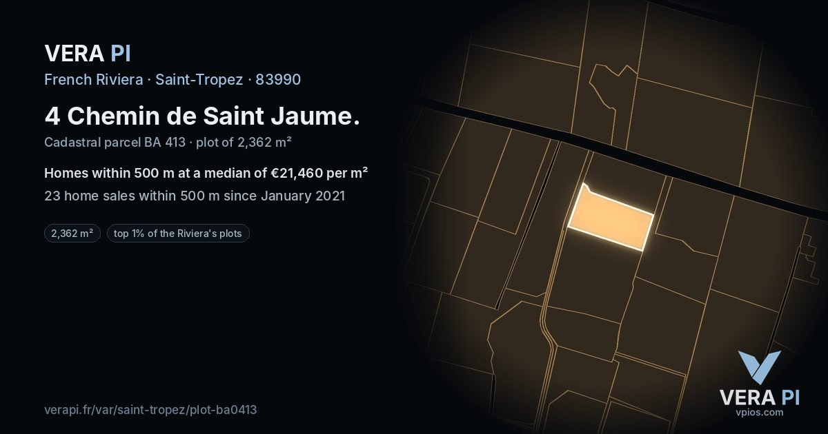 4 Chemin de Saint Jaume, Saint-Tropez at night – the plot lit, the parcels around coloured by the prices near them