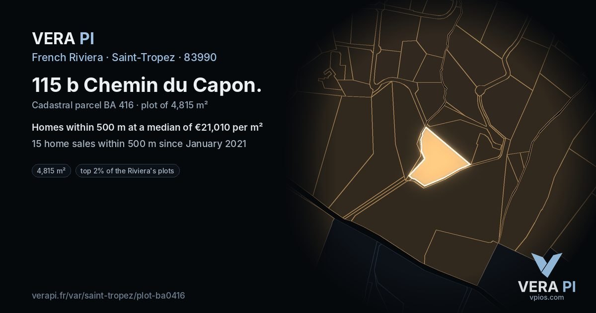 115 b Chemin du Capon, Saint-Tropez at night – the plot lit, the parcels around coloured by the prices near them