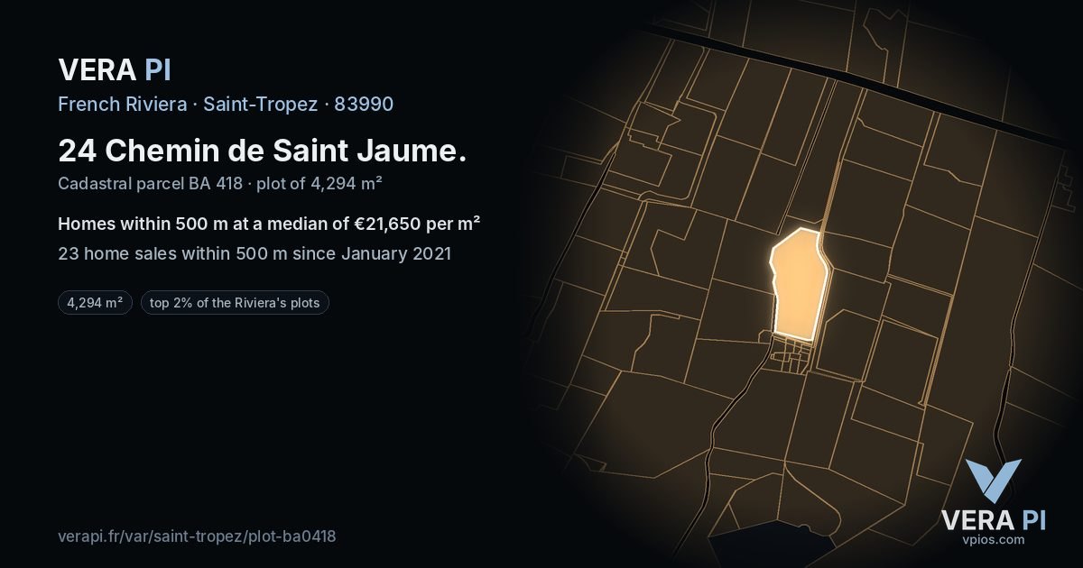 24 Chemin de Saint Jaume, Saint-Tropez at night – the plot lit, the parcels around coloured by the prices near them