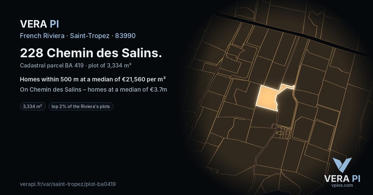 228 Chemin des Salins, Saint-Tropez at night – the plot lit, the parcels around coloured by the prices near them