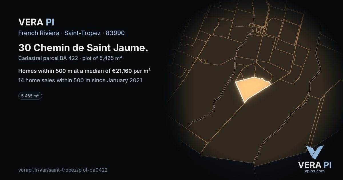 30 Chemin de Saint Jaume, Saint-Tropez at night – the plot lit, the parcels around coloured by the prices near them