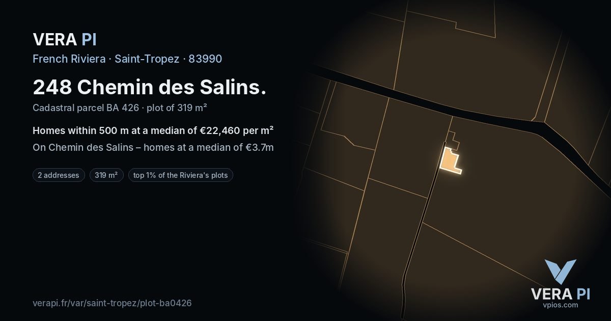 248 Chemin des Salins, Saint-Tropez at night – the plot lit, the parcels around coloured by the prices near them