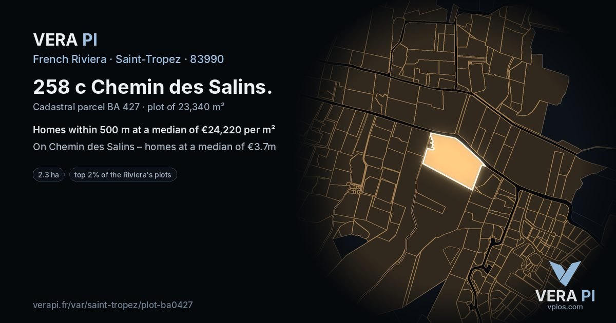 258 c Chemin des Salins, Saint-Tropez at night – the plot lit, the parcels around coloured by the prices near them