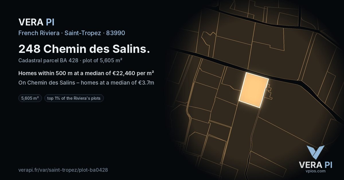 248 Chemin des Salins, Saint-Tropez at night – the plot lit, the parcels around coloured by the prices near them