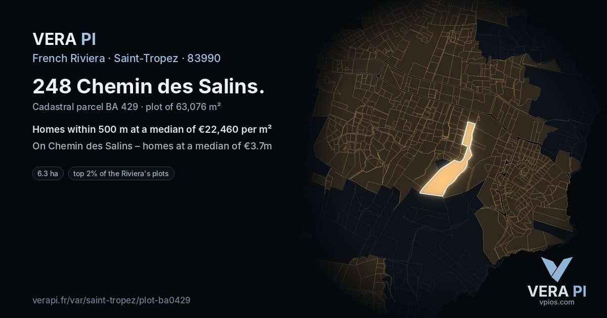 248 Chemin des Salins, Saint-Tropez at night – the plot lit, the parcels around coloured by the prices near them