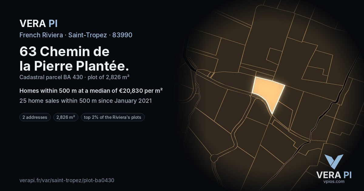63 Chemin de la Pierre Plantée, Saint-Tropez at night – the plot lit, the parcels around coloured by the prices near them