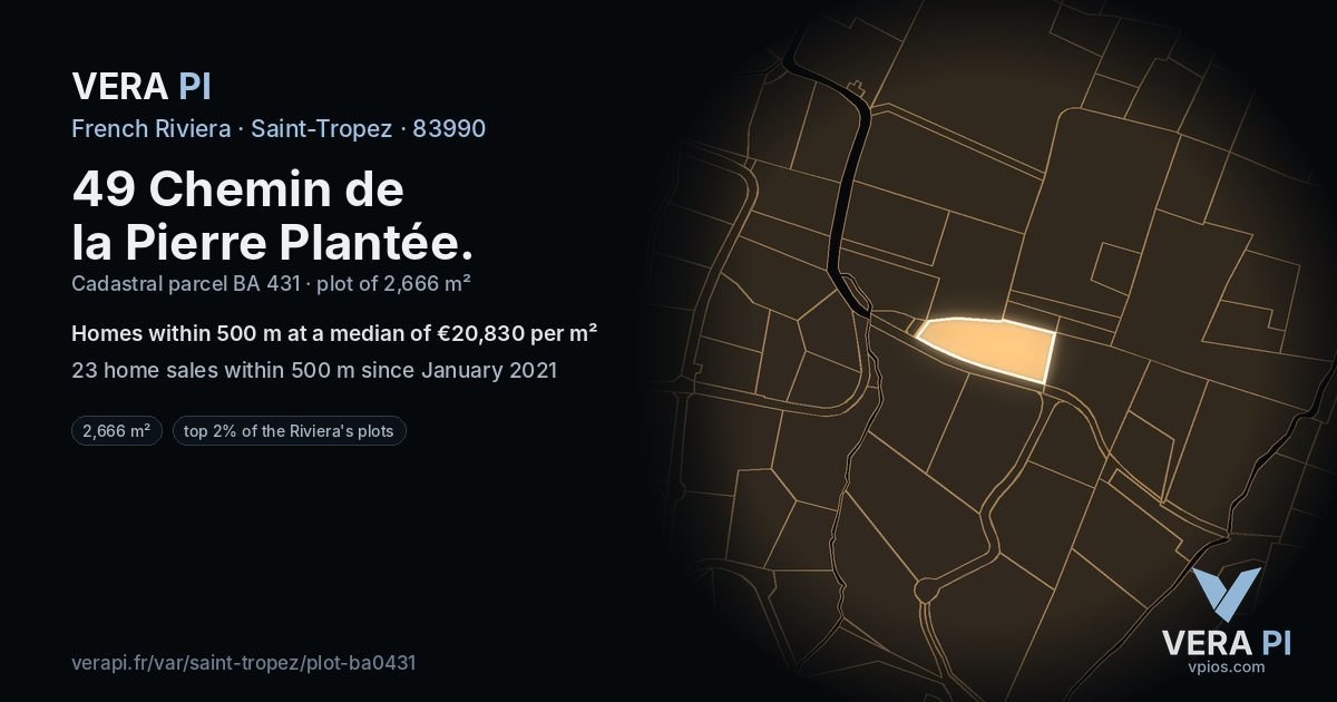 49 Chemin de la Pierre Plantée, Saint-Tropez at night – the plot lit, the parcels around coloured by the prices near them
