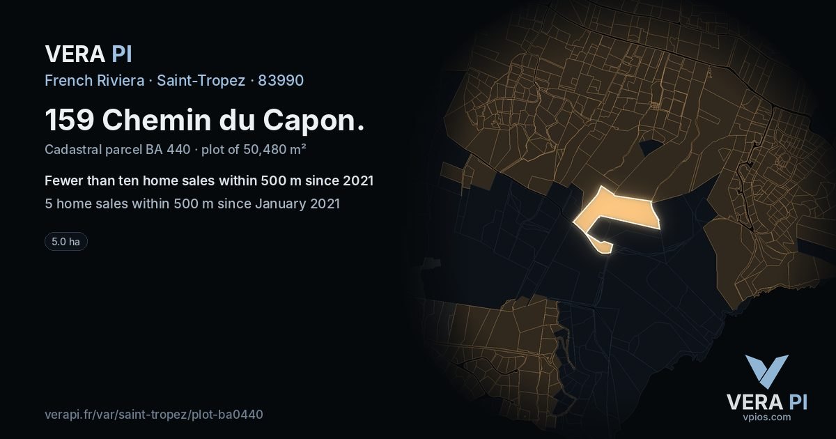 159 Chemin du Capon, Saint-Tropez at night – the plot lit, the parcels around coloured by the prices near them