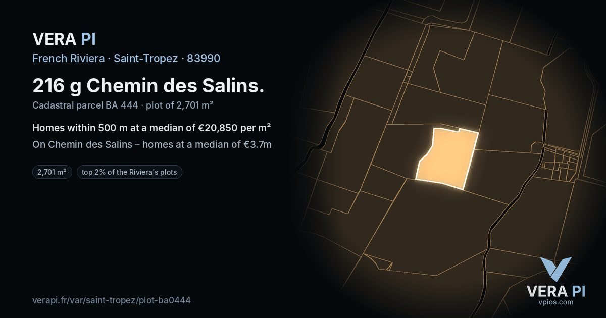 216 g Chemin des Salins, Saint-Tropez at night – the plot lit, the parcels around coloured by the prices near them