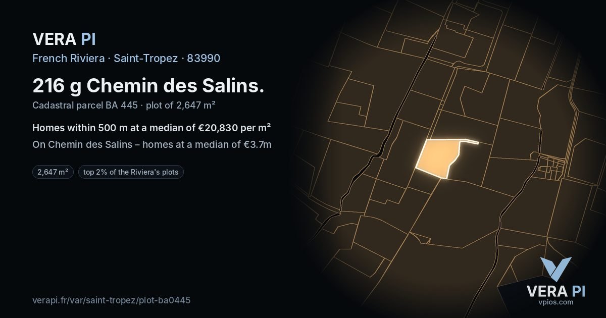 216 g Chemin des Salins, Saint-Tropez at night – the plot lit, the parcels around coloured by the prices near them