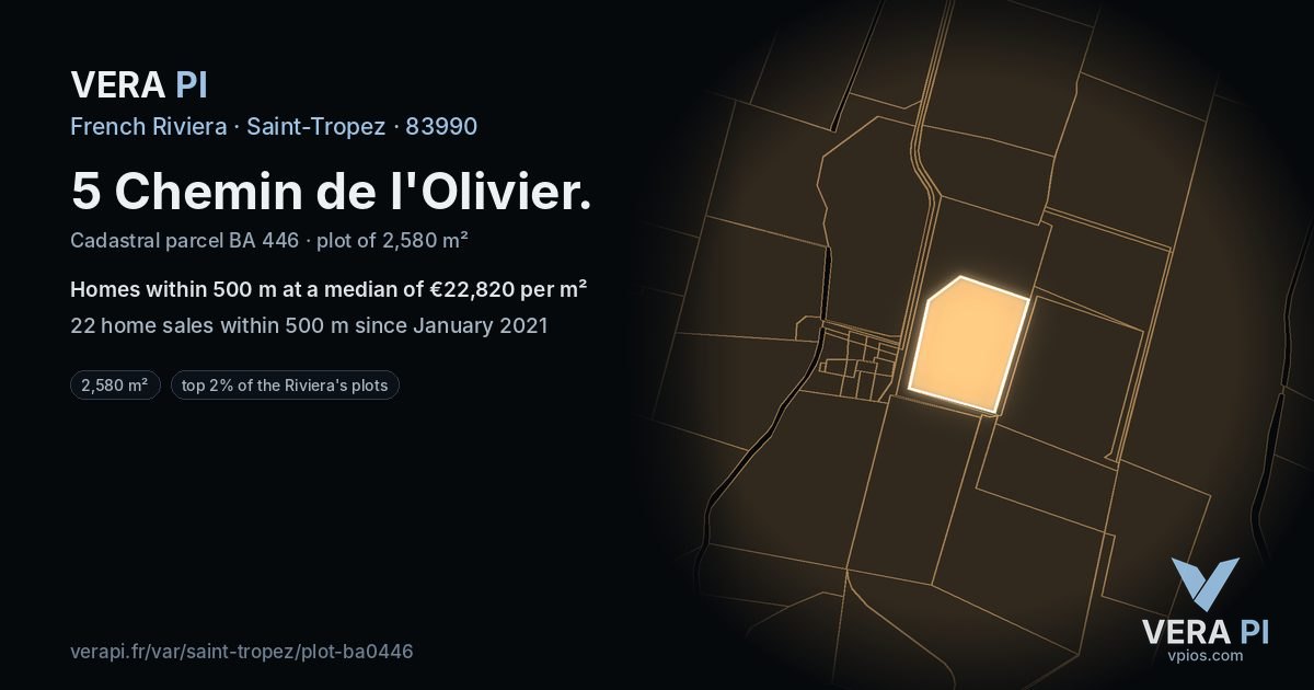 5 Chemin de l'Olivier, Saint-Tropez at night – the plot lit, the parcels around coloured by the prices near them