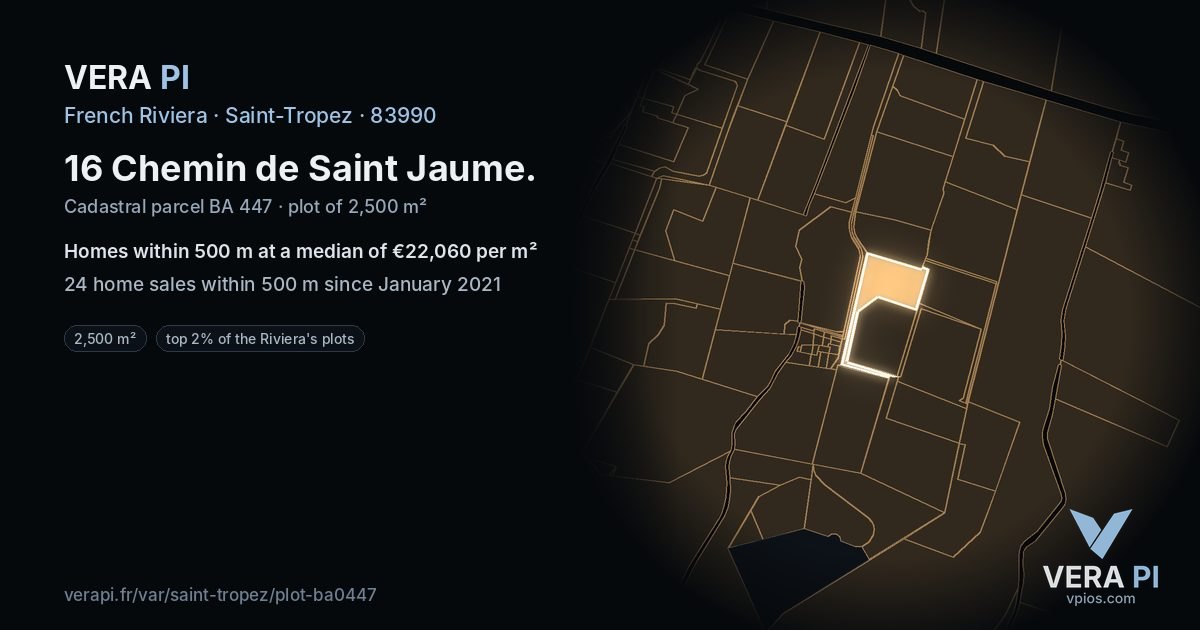 16 Chemin de Saint Jaume, Saint-Tropez at night – the plot lit, the parcels around coloured by the prices near them