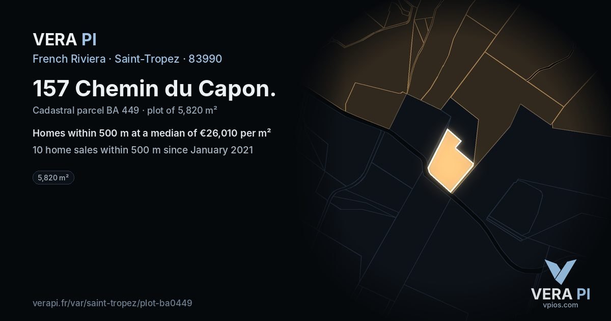 157 Chemin du Capon, Saint-Tropez at night – the plot lit, the parcels around coloured by the prices near them