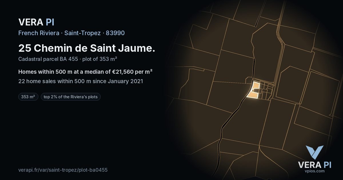25 Chemin de Saint Jaume, Saint-Tropez at night – the plot lit, the parcels around coloured by the prices near them