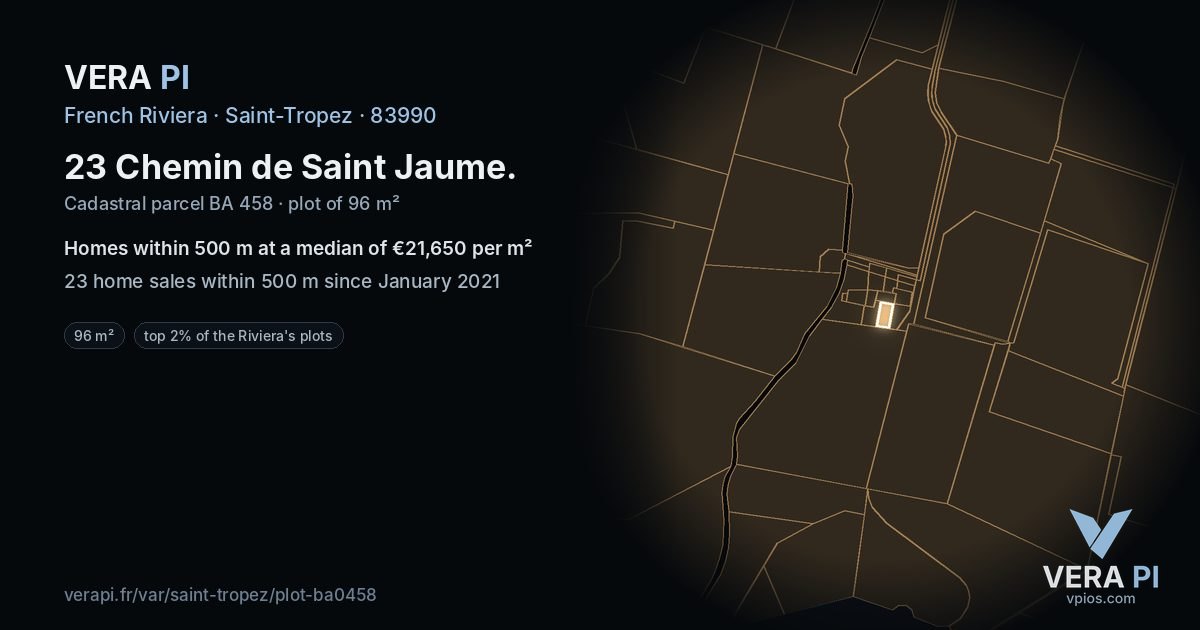 23 Chemin de Saint Jaume, Saint-Tropez at night – the plot lit, the parcels around coloured by the prices near them