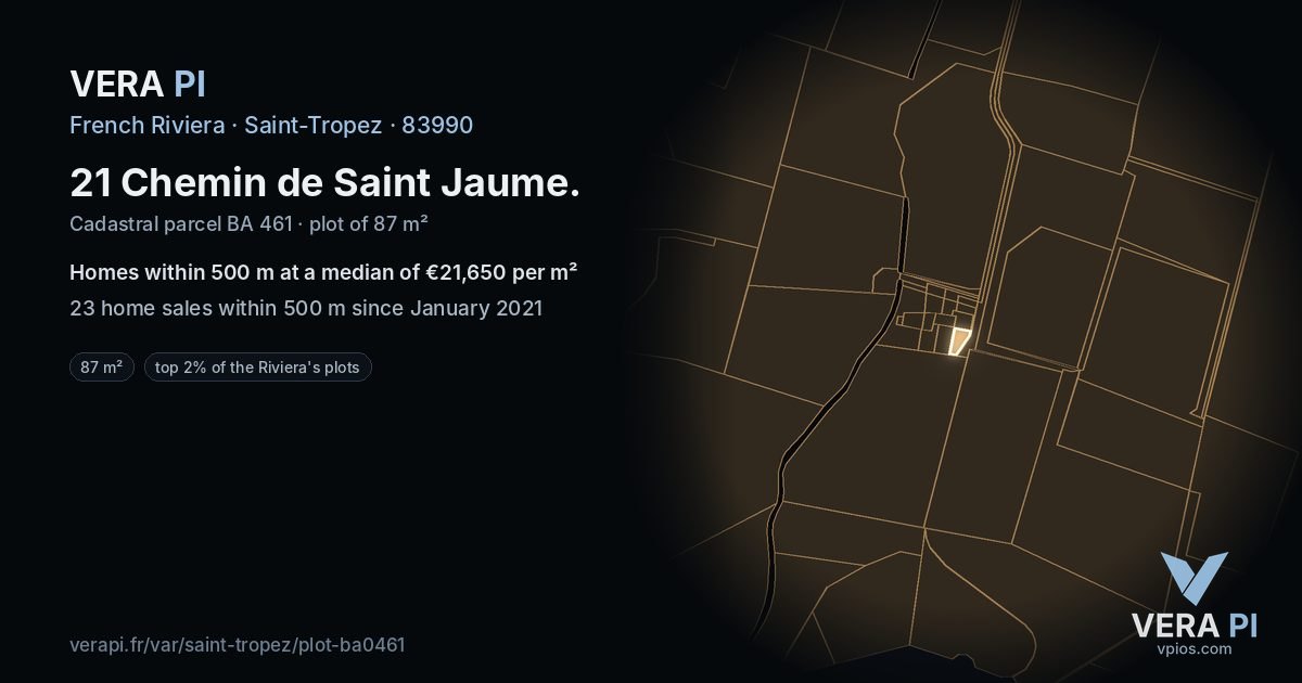 21 Chemin de Saint Jaume, Saint-Tropez at night – the plot lit, the parcels around coloured by the prices near them