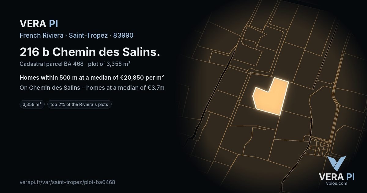 216 b Chemin des Salins, Saint-Tropez at night – the plot lit, the parcels around coloured by the prices near them