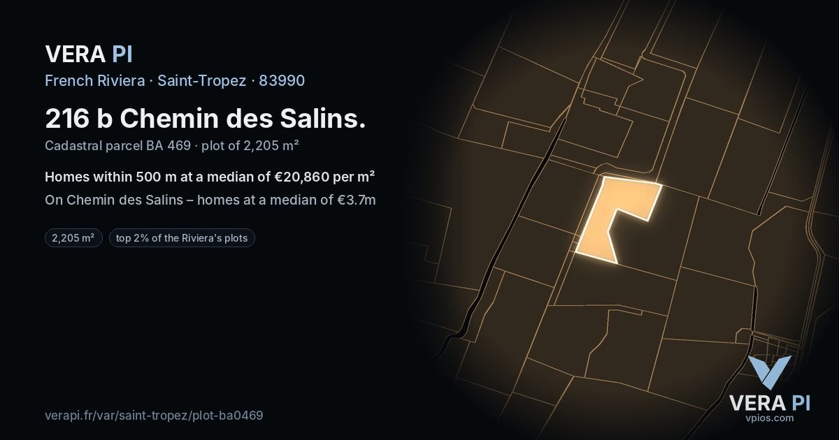 216 b Chemin des Salins, Saint-Tropez at night – the plot lit, the parcels around coloured by the prices near them