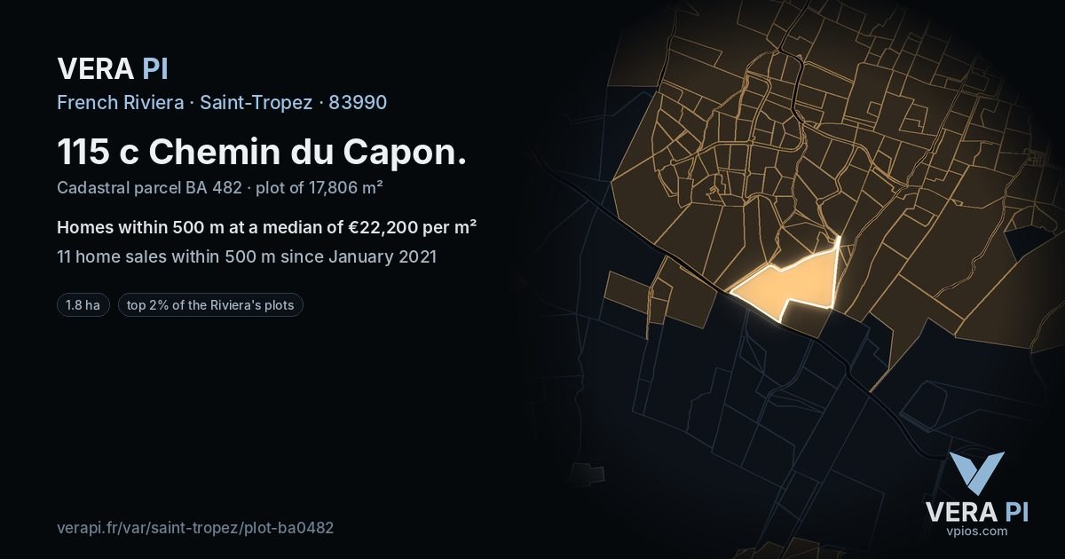115 c Chemin du Capon, Saint-Tropez at night – the plot lit, the parcels around coloured by the prices near them