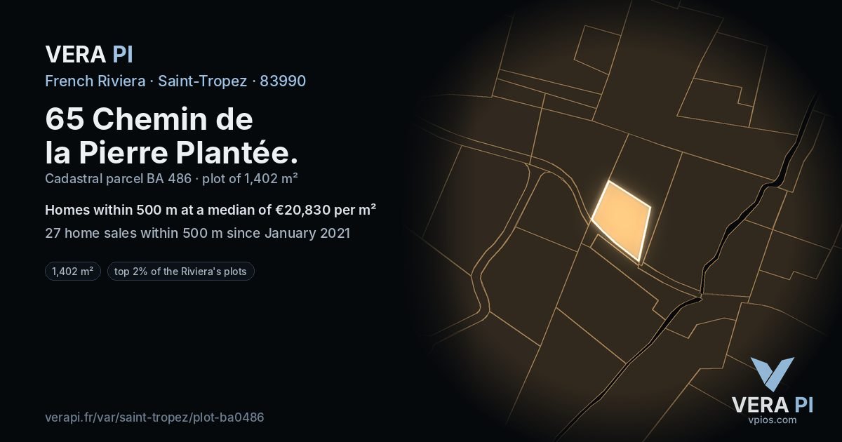 65 Chemin de la Pierre Plantée, Saint-Tropez at night – the plot lit, the parcels around coloured by the prices near them