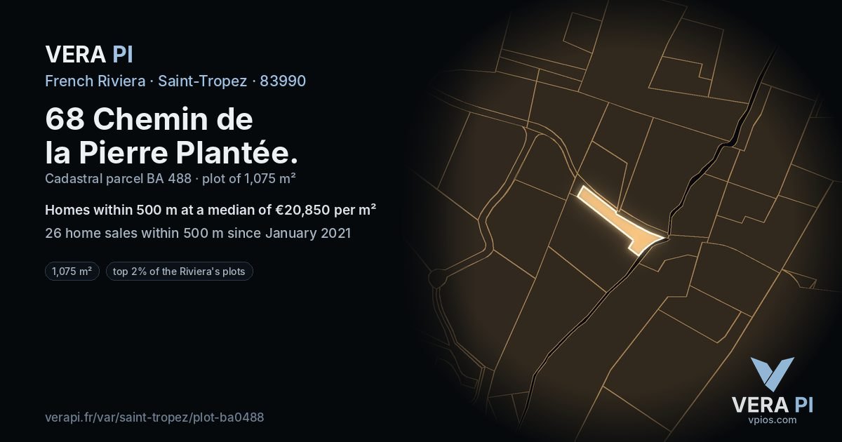 68 Chemin de la Pierre Plantée, Saint-Tropez at night – the plot lit, the parcels around coloured by the prices near them