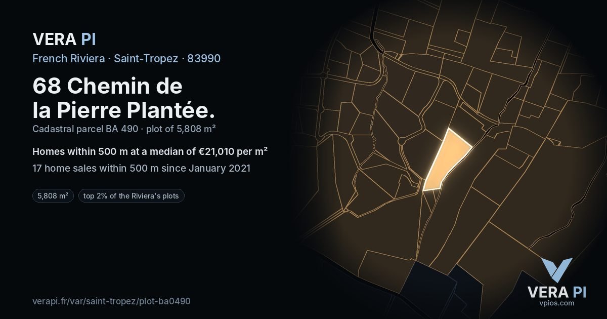 68 Chemin de la Pierre Plantée, Saint-Tropez at night – the plot lit, the parcels around coloured by the prices near them