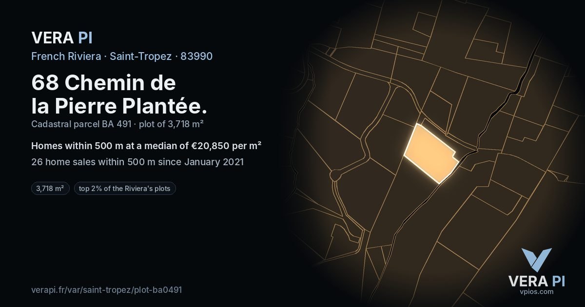 68 Chemin de la Pierre Plantée, Saint-Tropez at night – the plot lit, the parcels around coloured by the prices near them