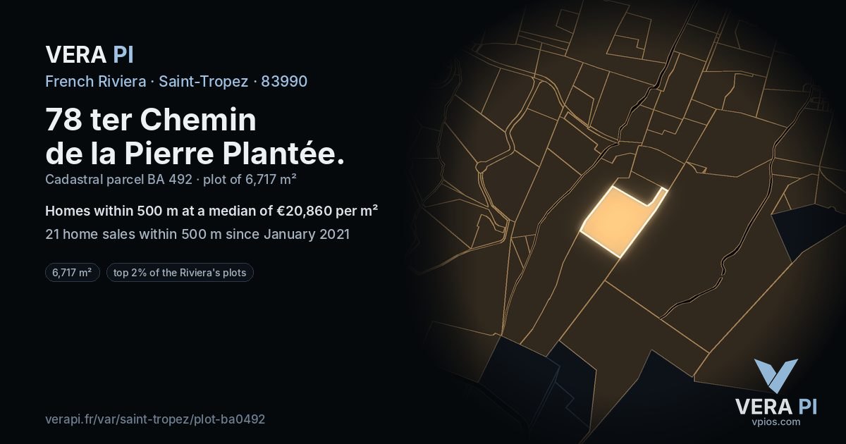78 ter Chemin de la Pierre Plantée, Saint-Tropez at night – the plot lit, the parcels around coloured by the prices near them