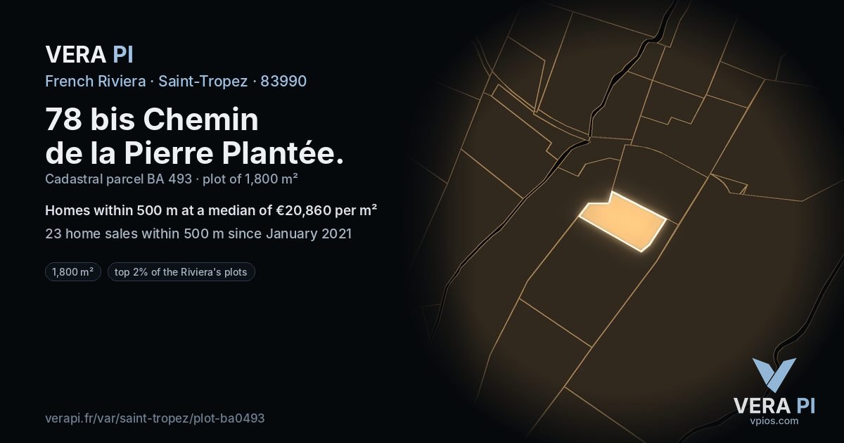 78 bis Chemin de la Pierre Plantée, Saint-Tropez at night – the plot lit, the parcels around coloured by the prices near them