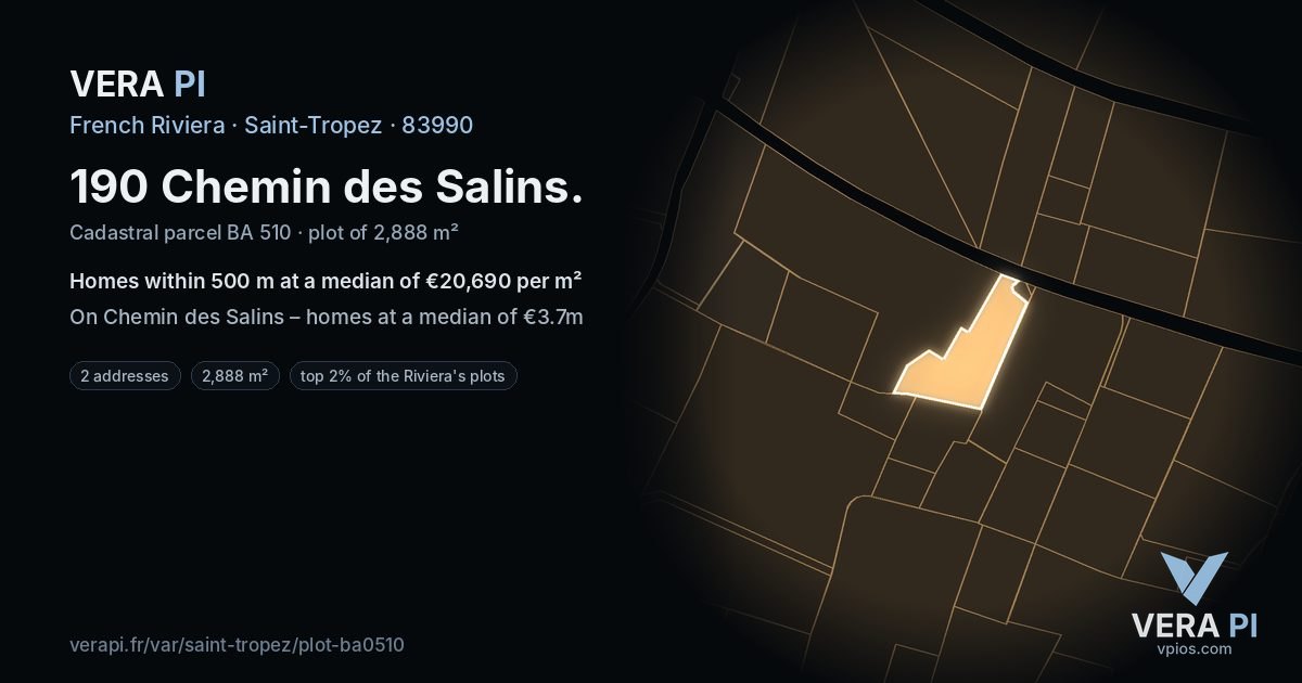 190 Chemin des Salins, Saint-Tropez at night – the plot lit, the parcels around coloured by the prices near them