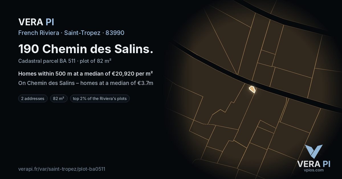 190 Chemin des Salins, Saint-Tropez at night – the plot lit, the parcels around coloured by the prices near them