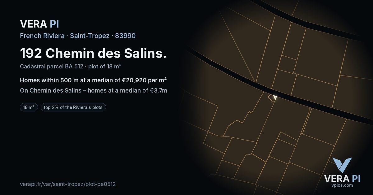 192 Chemin des Salins, Saint-Tropez at night – the plot lit, the parcels around coloured by the prices near them
