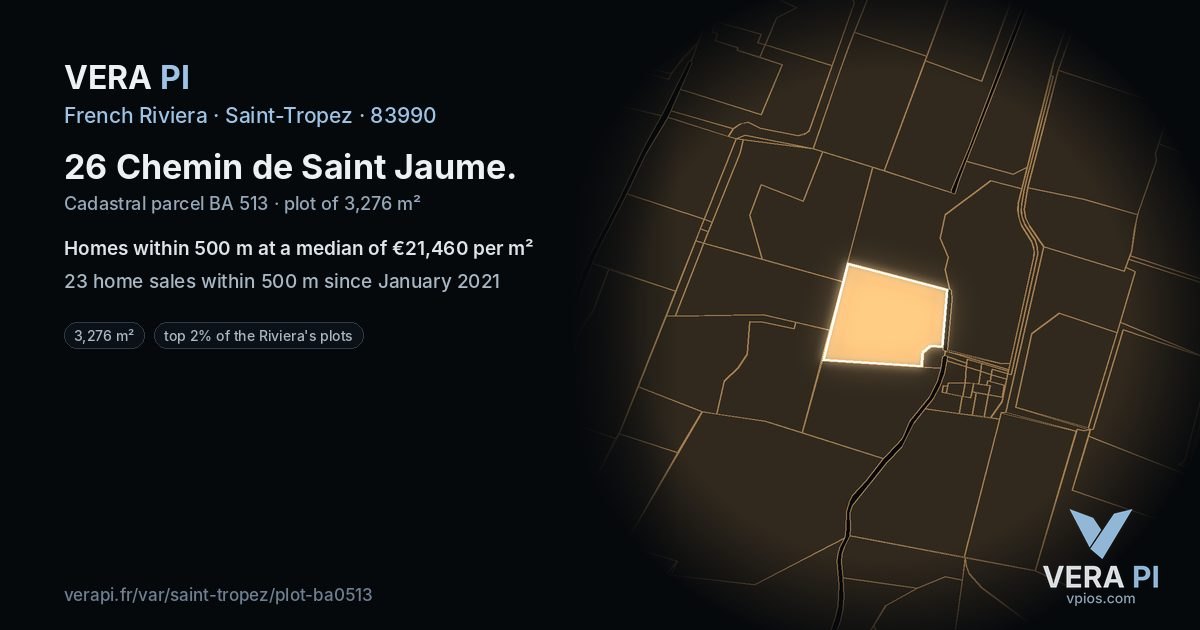 26 Chemin de Saint Jaume, Saint-Tropez at night – the plot lit, the parcels around coloured by the prices near them