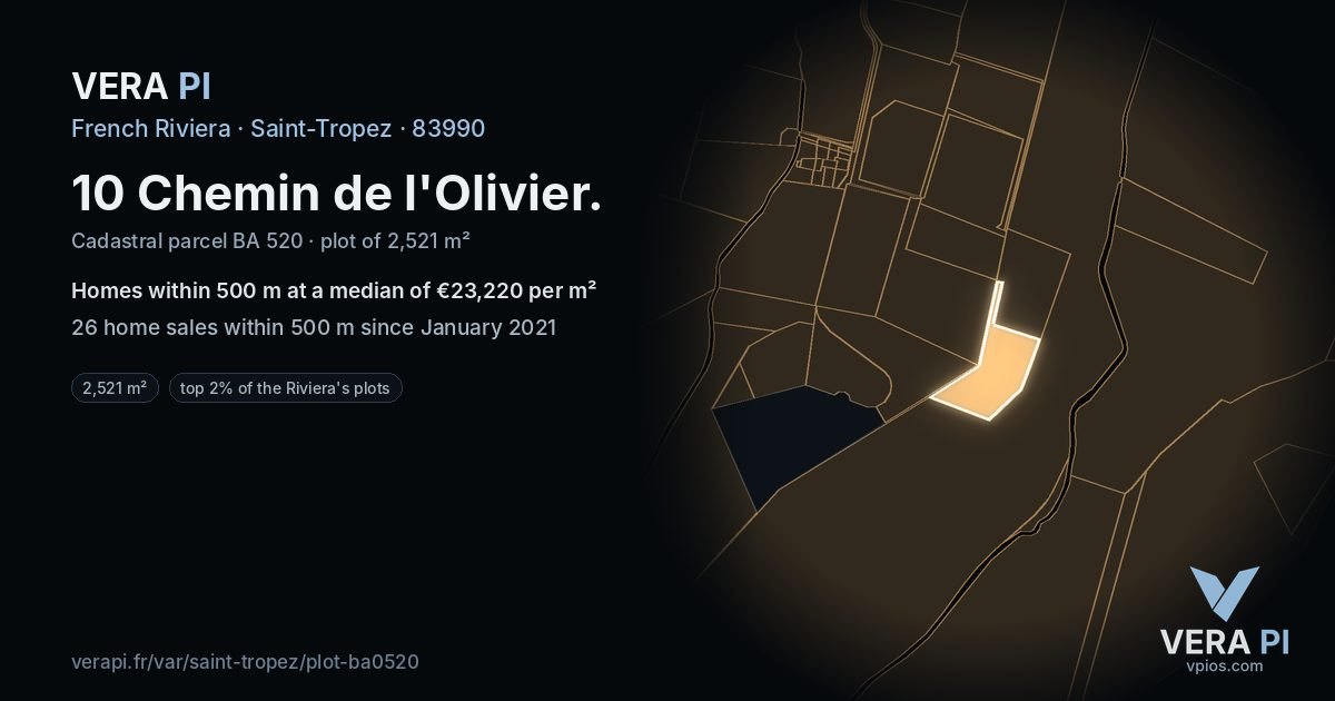 10 Chemin de l'Olivier, Saint-Tropez at night – the plot lit, the parcels around coloured by the prices near them