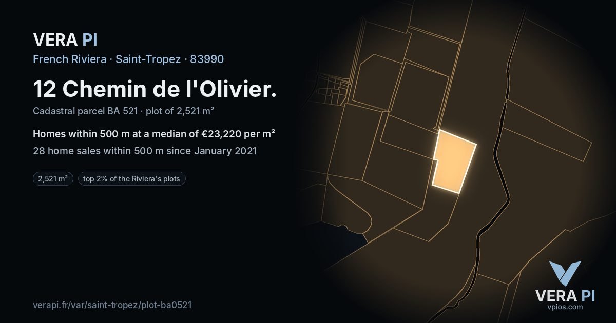 12 Chemin de l'Olivier, Saint-Tropez at night – the plot lit, the parcels around coloured by the prices near them