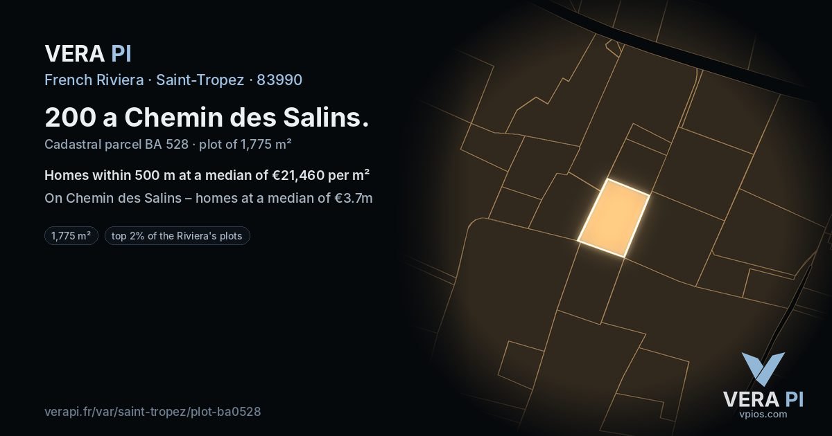 200 a Chemin des Salins, Saint-Tropez at night – the plot lit, the parcels around coloured by the prices near them