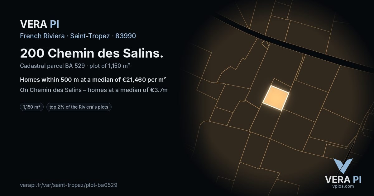 200 Chemin des Salins, Saint-Tropez at night – the plot lit, the parcels around coloured by the prices near them