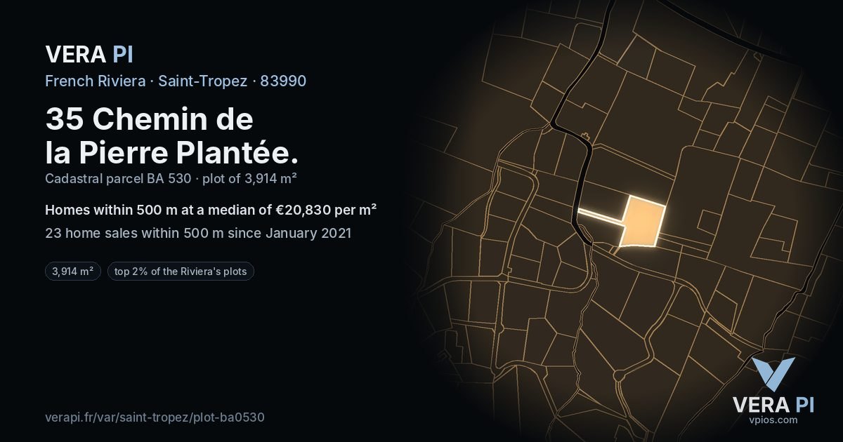 35 Chemin de la Pierre Plantée, Saint-Tropez at night – the plot lit, the parcels around coloured by the prices near them