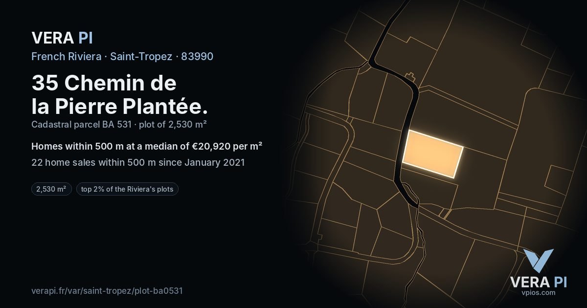 35 Chemin de la Pierre Plantée, Saint-Tropez at night – the plot lit, the parcels around coloured by the prices near them
