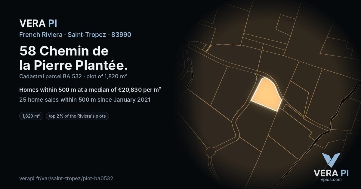 58 Chemin de la Pierre Plantée, Saint-Tropez at night – the plot lit, the parcels around coloured by the prices near them