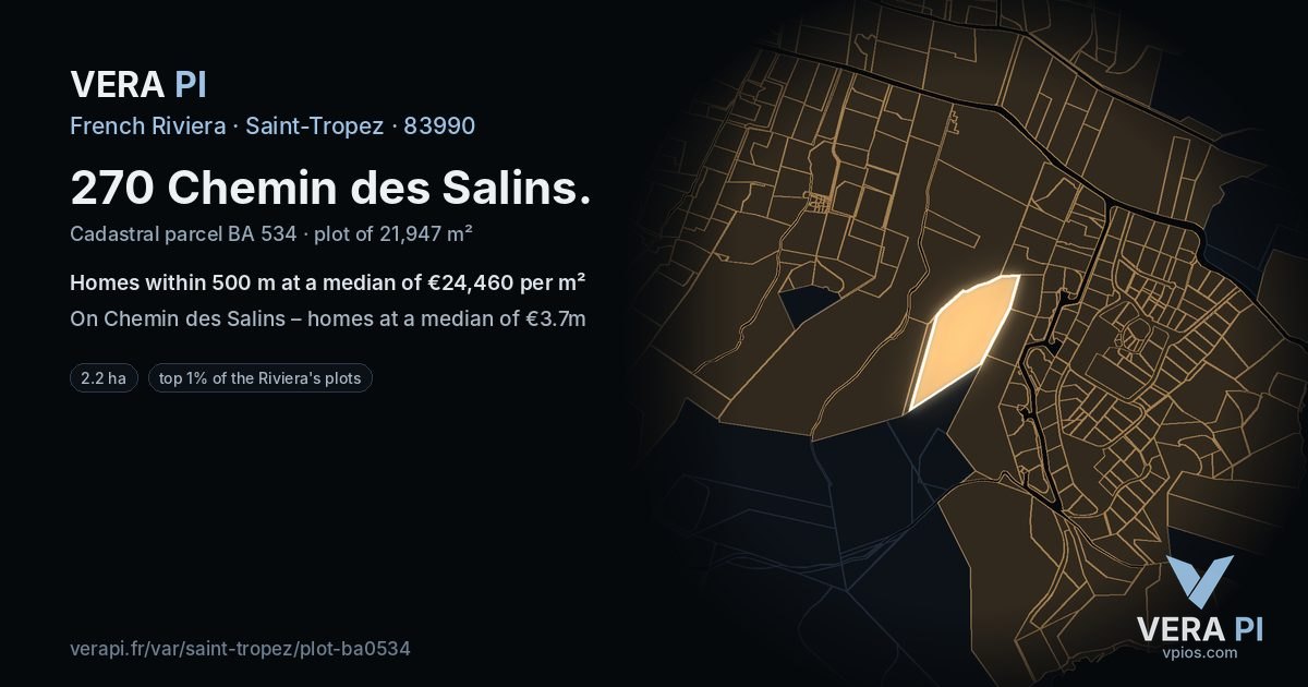 270 Chemin des Salins, Saint-Tropez at night – the plot lit, the parcels around coloured by the prices near them