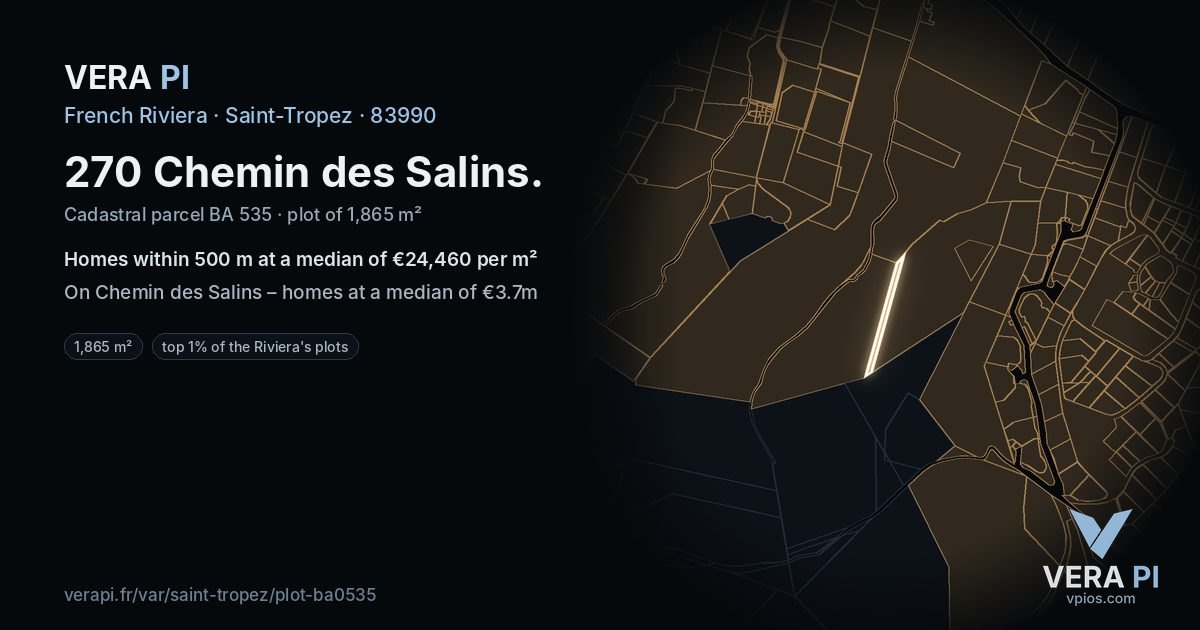 270 Chemin des Salins, Saint-Tropez at night – the plot lit, the parcels around coloured by the prices near them