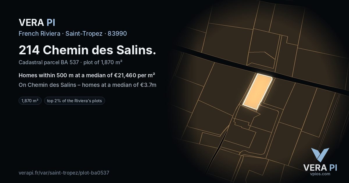 214 Chemin des Salins, Saint-Tropez at night – the plot lit, the parcels around coloured by the prices near them